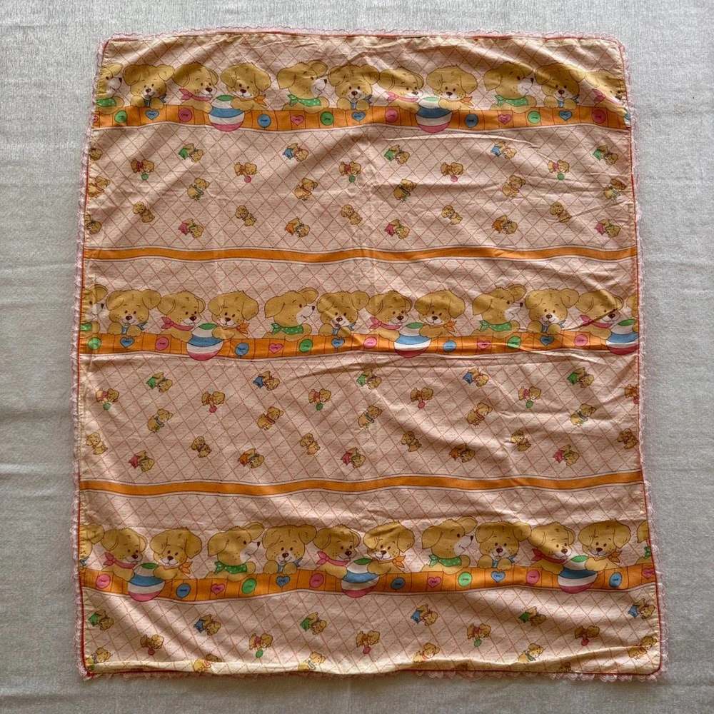 Vintage Puppy Dog Nursery Receiving Blanket Orange Lace Trim Retro 35x40